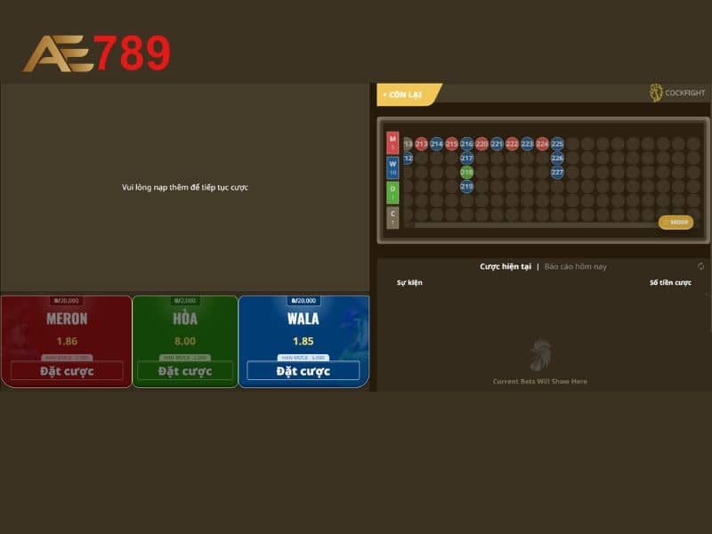 Giao diện đặt cược đá gà trực tuyến tại AE789